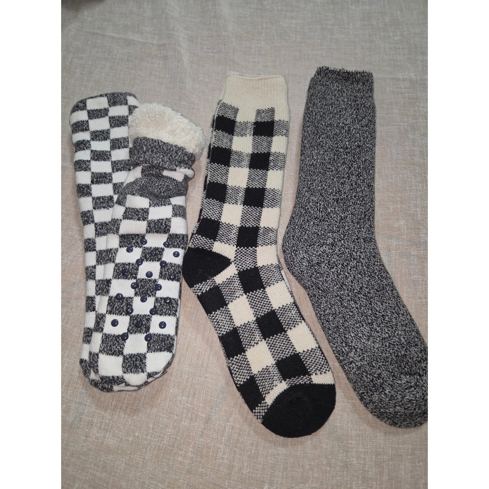 3 Pair Bundle Thick Wool Blend Winter Socks Slipper Gripper Plaid Marled Grey